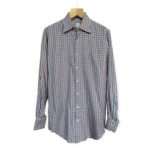 Peter Millar Men’s Pink Brown Blue Plaid Button Front Long Sleeve Shirt, Medium